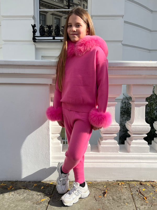 Childrens Hot Pink Luxury Fur Trim Hood & Cuff Tracksuit