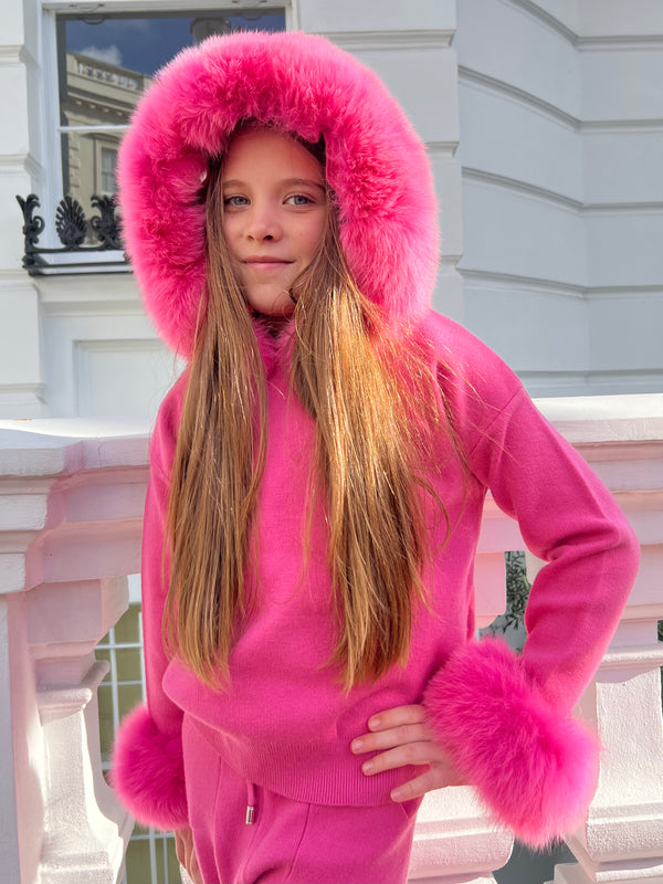 Childrens Hot Pink Luxury Fur Trim Hood & Cuff Tracksuit