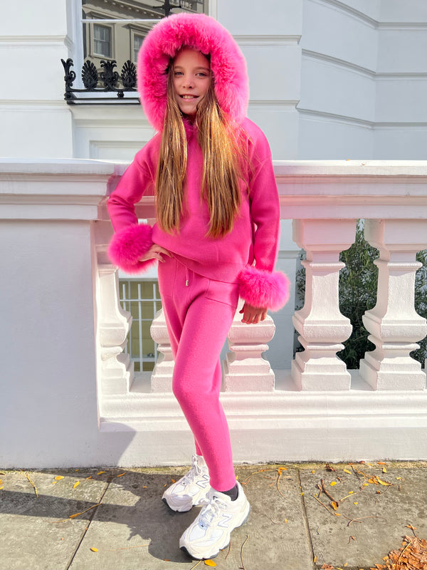 Childrens Hot Pink Luxury Fur Trim Hood & Cuff Tracksuit