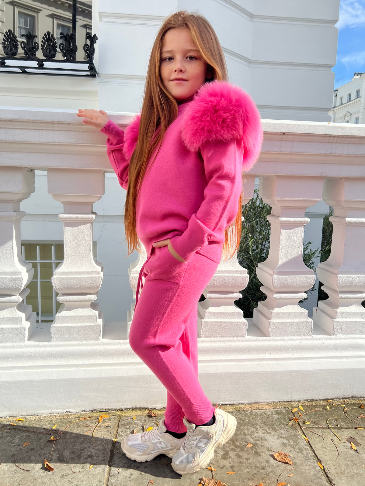 Childrens Hot Pink Luxury Fur Roll Neck Jogger Tracksuit