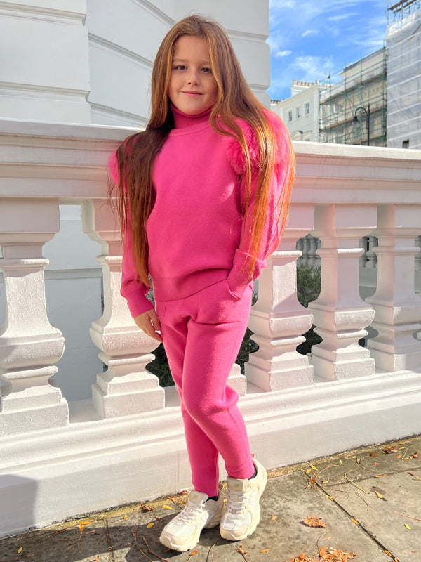 Childrens Hot Pink Luxury Fur Roll Neck Jogger Tracksuit