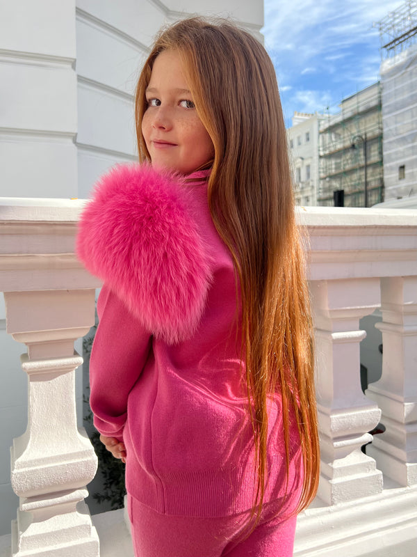 Childrens Hot Pink Luxury Fur Roll Neck Jogger Tracksuit