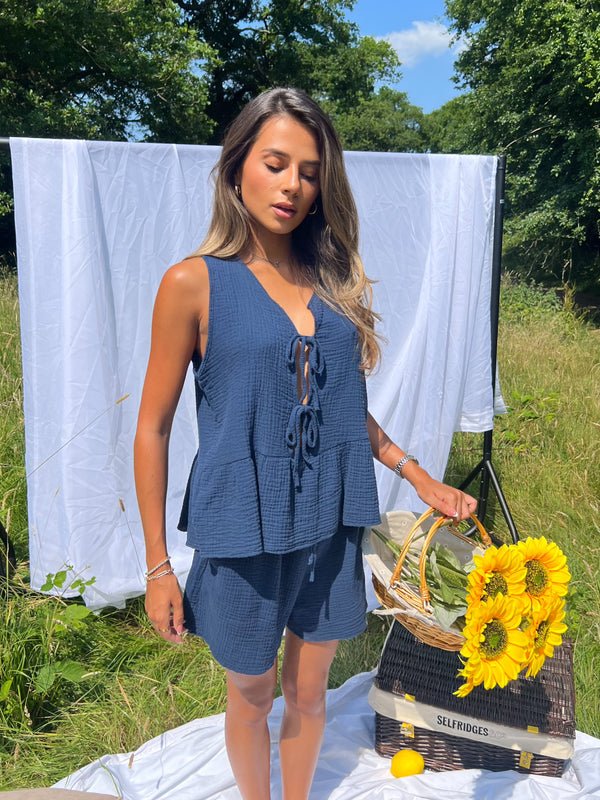 Sorrento Navy Tie Front Sleeveless Top