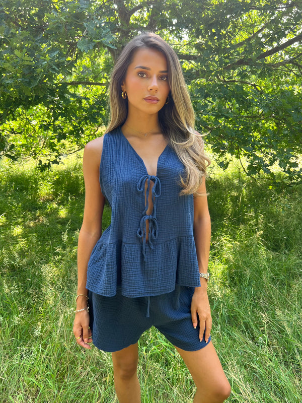 Sorrento Navy Tie Front Sleeveless Top