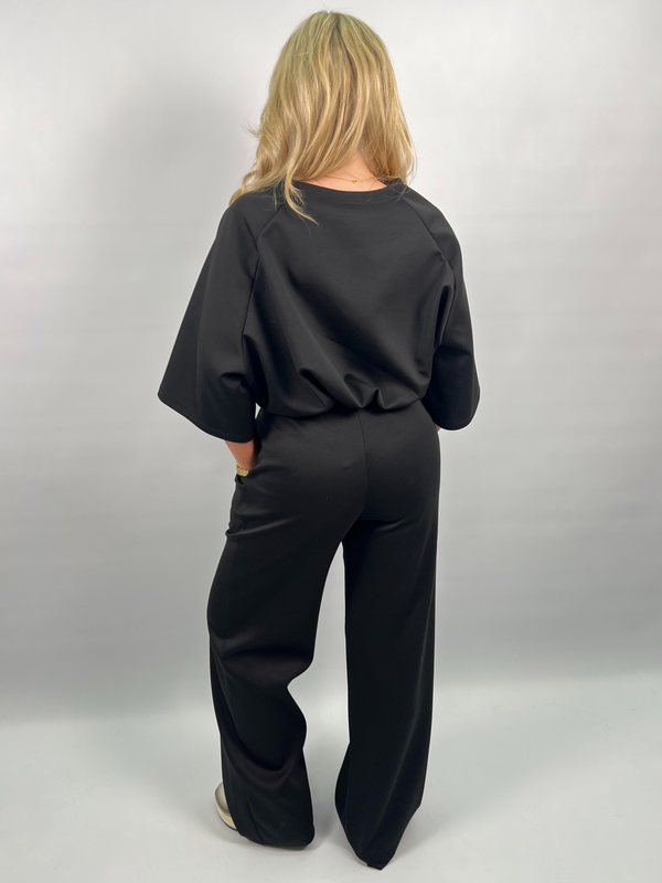 Spring Forward Black Contrast Drawstring Wide Leg Trousers