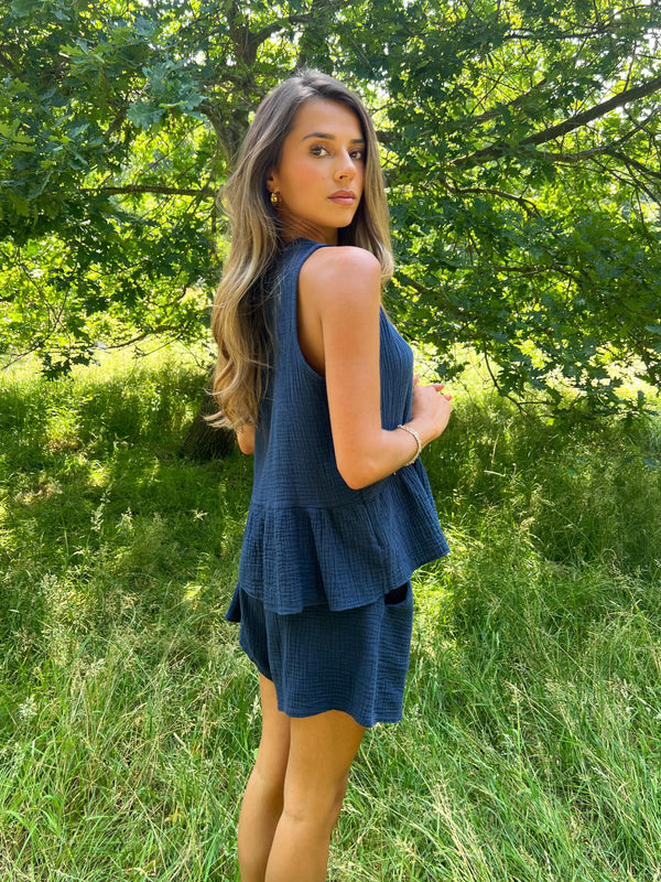 Sorrento Navy Tie Front Sleeveless Top