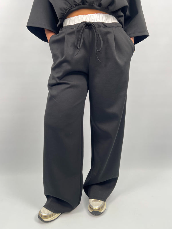 Spring Forward Black Contrast Drawstring Wide Leg Trousers