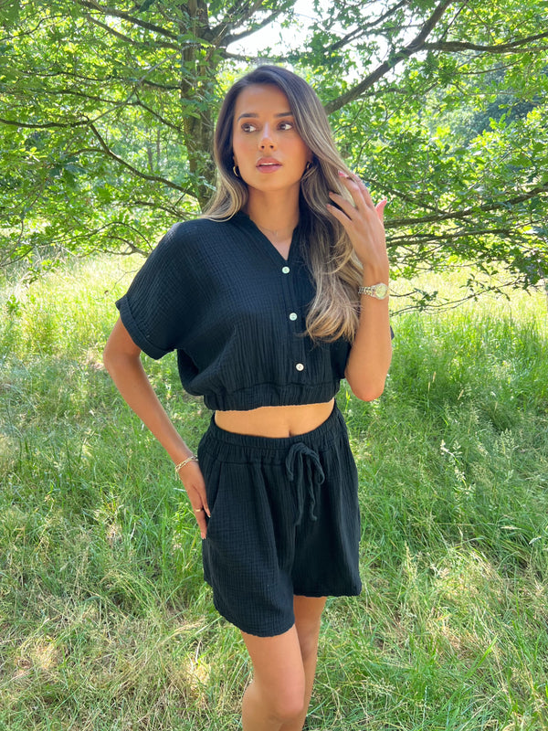 Sorrento Black Cropped Collarless Shirt