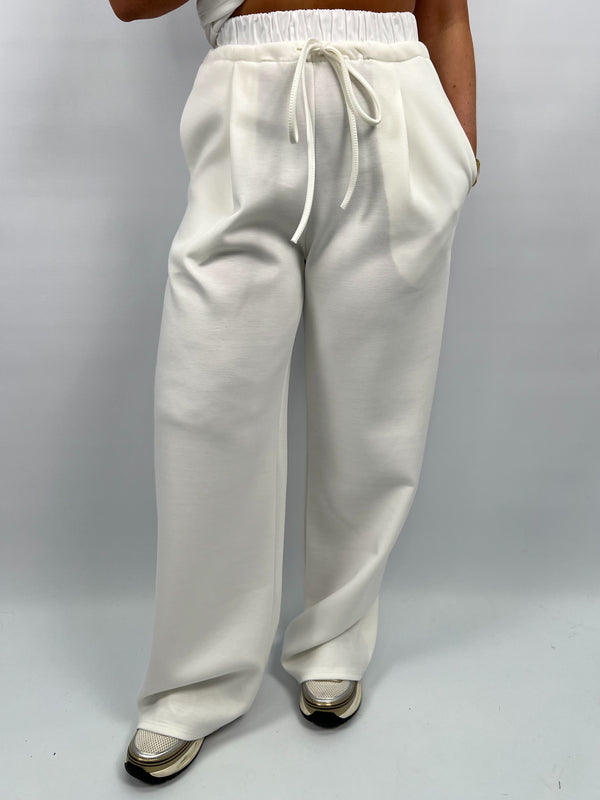 Spring Forward White Contrast Drawstring Wide Leg Trousers