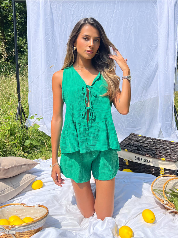 Sorrento Green Tie Front Sleeveless Top
