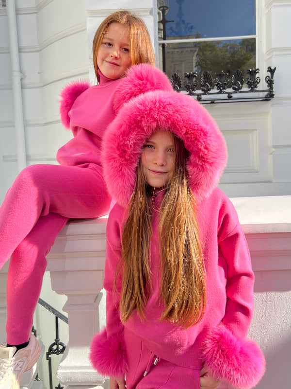 Childrens Hot Pink Luxury Fur Trim Hood & Cuff Tracksuit