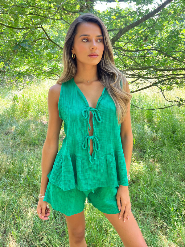 Sorrento Green Tie Front Sleeveless Top
