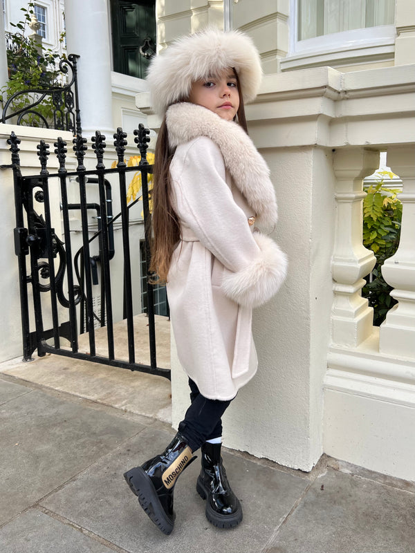Childrens Light Beige Luxury Fur Cashmere Coat