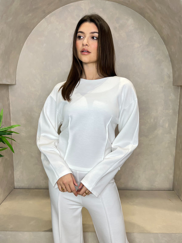 Winter White Seam Detail Wide Leg Trouser Set