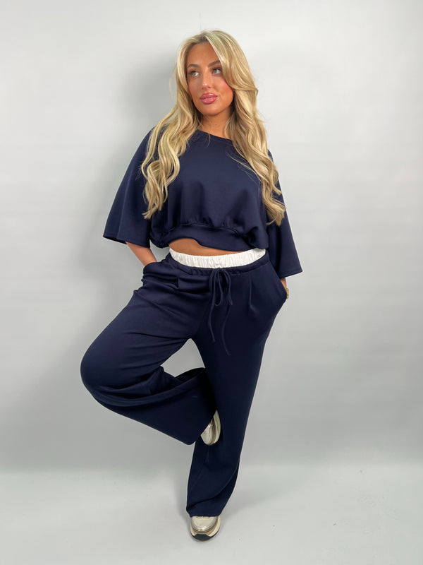 Spring Forward Navy Contrast Drawstring Wide Leg Trousers
