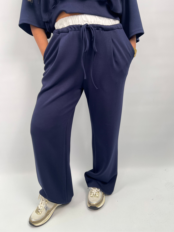 Spring Forward Navy Contrast Drawstring Wide Leg Trousers