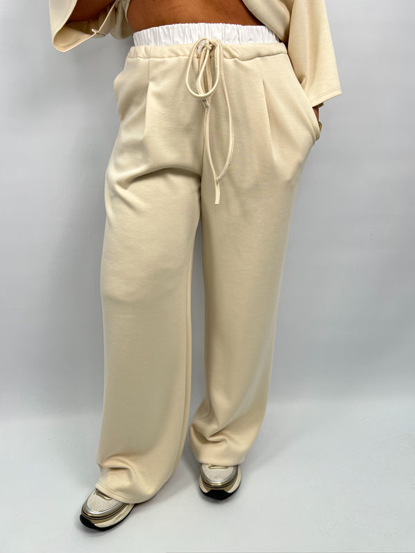Spring Forward Beige Contrast Drawstring Wide Leg Trousers