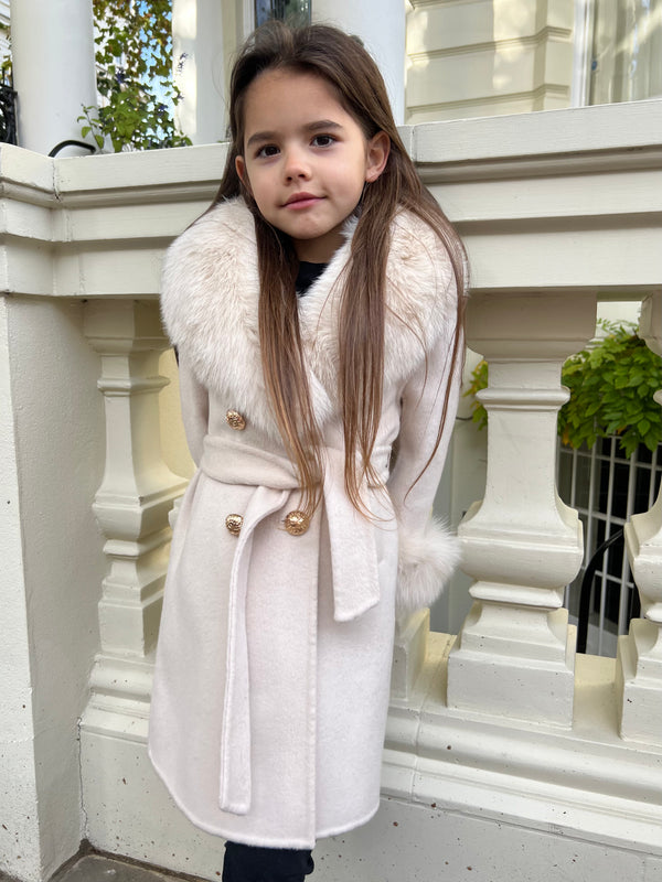 Childrens Light Beige Luxury Fur Cashmere Coat
