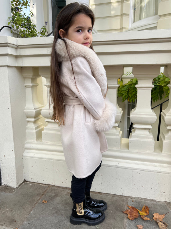 Childrens Light Beige Luxury Fur Cashmere Coat