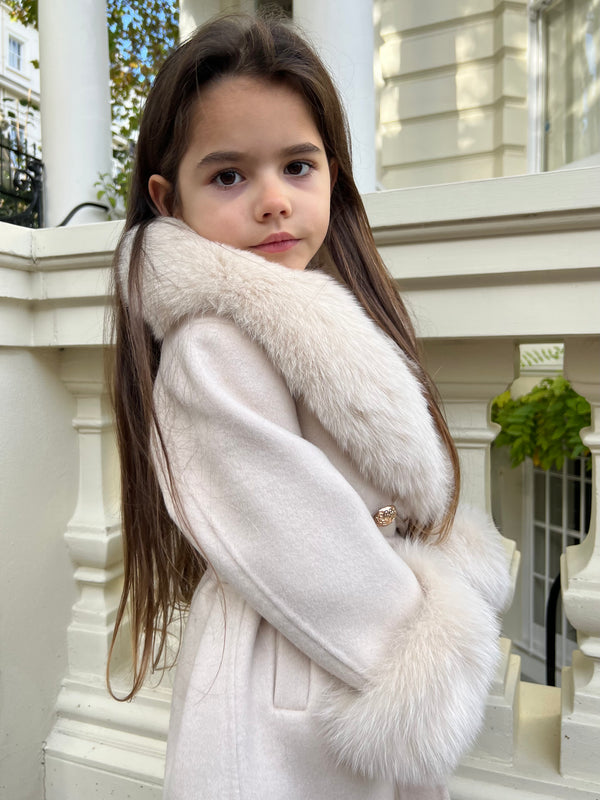 Childrens Light Beige Luxury Fur Cashmere Coat