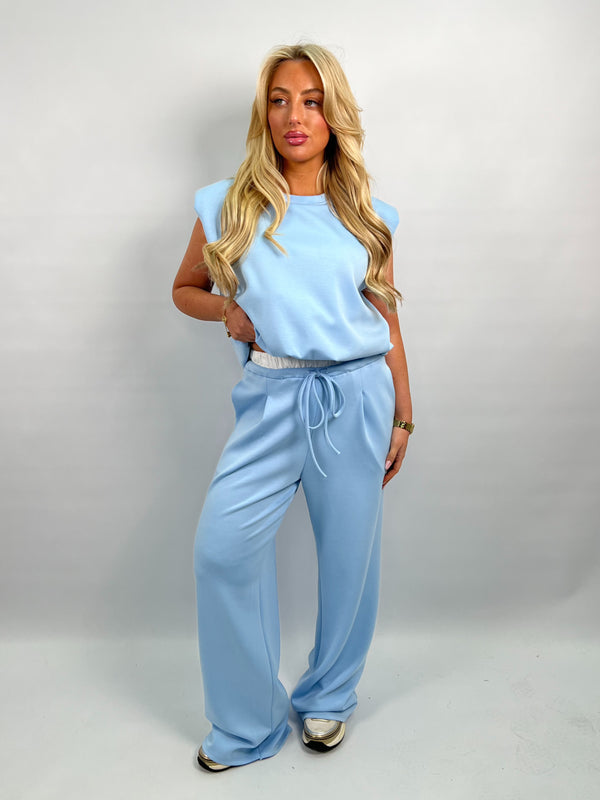 Spring Forward Baby Blue Contrast Drawstring Wide Leg Trousers