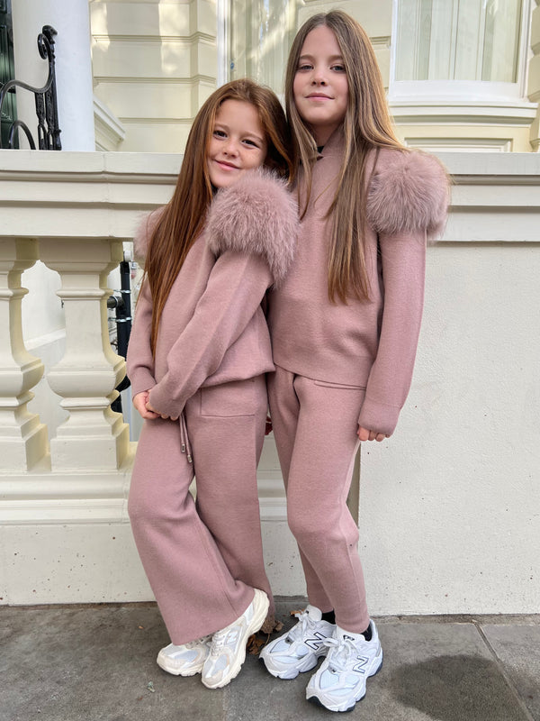 Childrens Taupe Luxury Fur Roll Neck Wide Leg Tracksuit