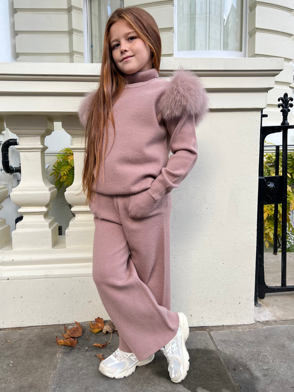 Childrens Taupe Luxury Fur Roll Neck Wide Leg Tracksuit