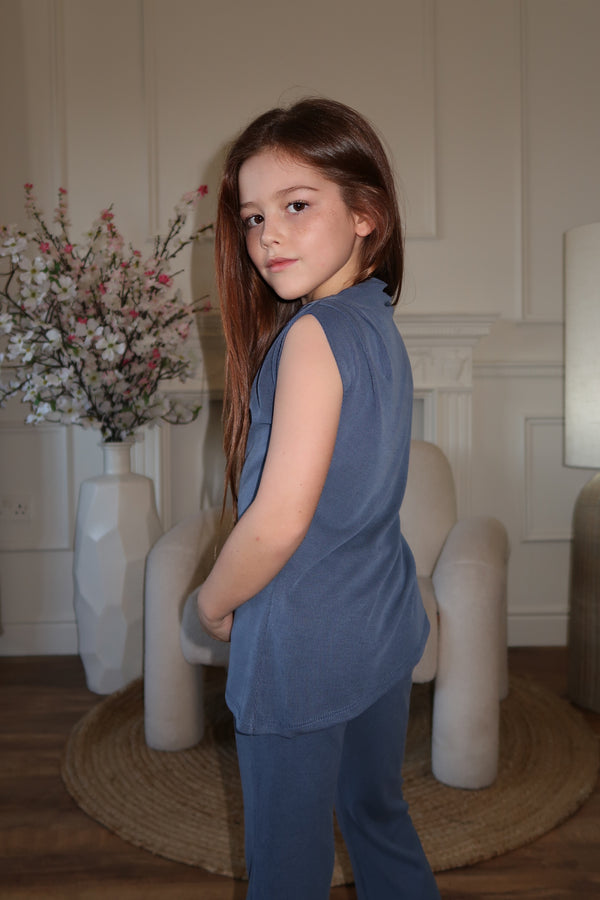 Lauren Goodger & Larose Childrens Denim Blue Asymmetrical High Neck Ruched Side Top