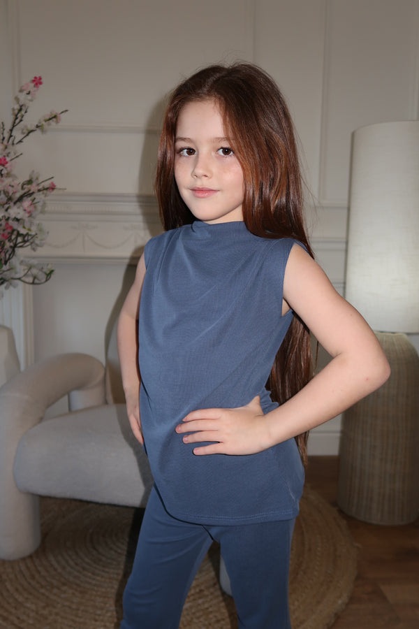 Lauren Goodger & Larose Childrens Denim Blue Asymmetrical High Neck Ruched Side Top