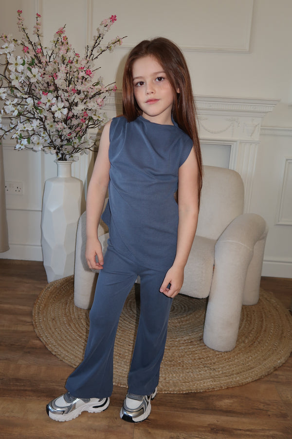 Lauren Goodger & Larose Childrens Denim Blue Asymmetrical High Neck Ruched Side Top