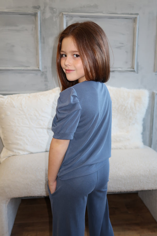 Lauren Goodger & Larose Childrens Denim Blue Puff Sleeve Top