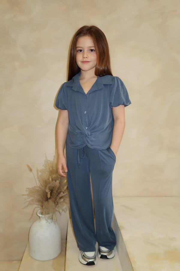 Lauren Goodger & Larose Childrens Denim Blue Knot Hem Collared Shirt