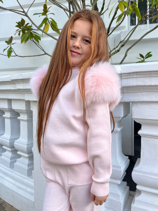 Childrens Baby Pink Luxury Fur Roll Neck Jogger Tracksuit