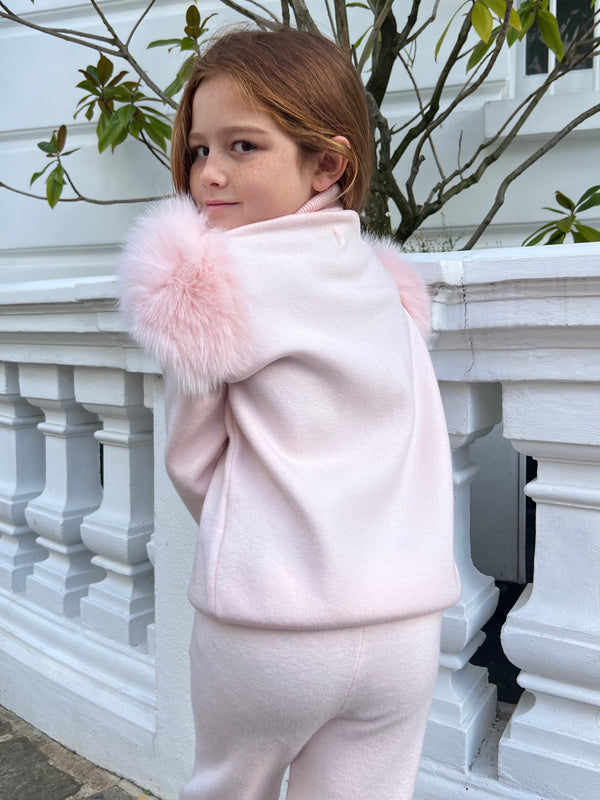 Childrens Baby Pink Luxury Fur Roll Neck Jogger Tracksuit