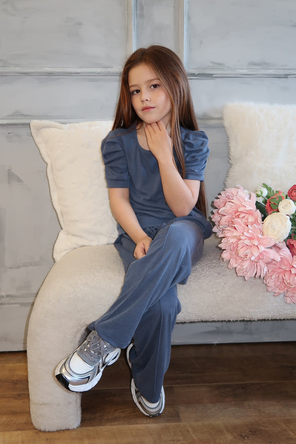 Lauren Goodger & Larose Childrens Denim Blue Puff Sleeve Top