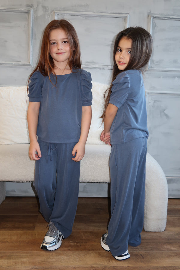 Lauren Goodger & Larose Childrens Denim Blue Puff Sleeve Top