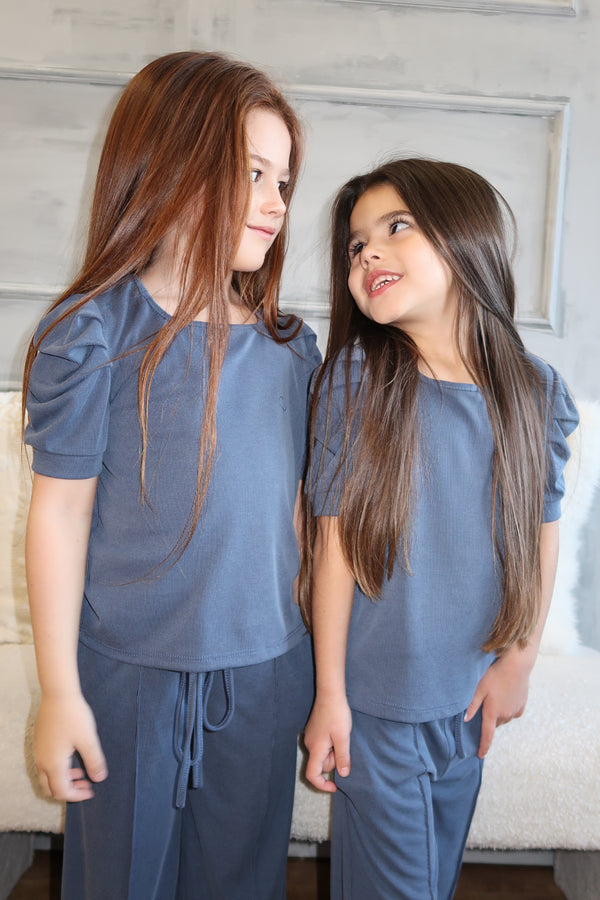 Lauren Goodger & Larose Childrens Denim Blue Puff Sleeve Top