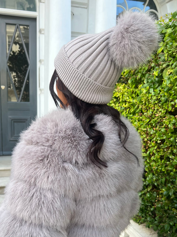 Light Grey Premium Faux Fur Bobble Hat