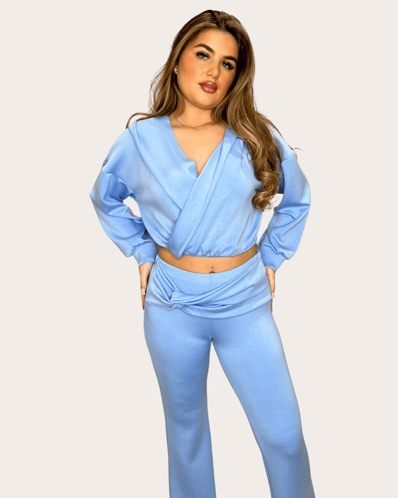 Baby Blue Draped Hooded Cropped Top With Ruched Waistband Wide Leg Trousers - H&L