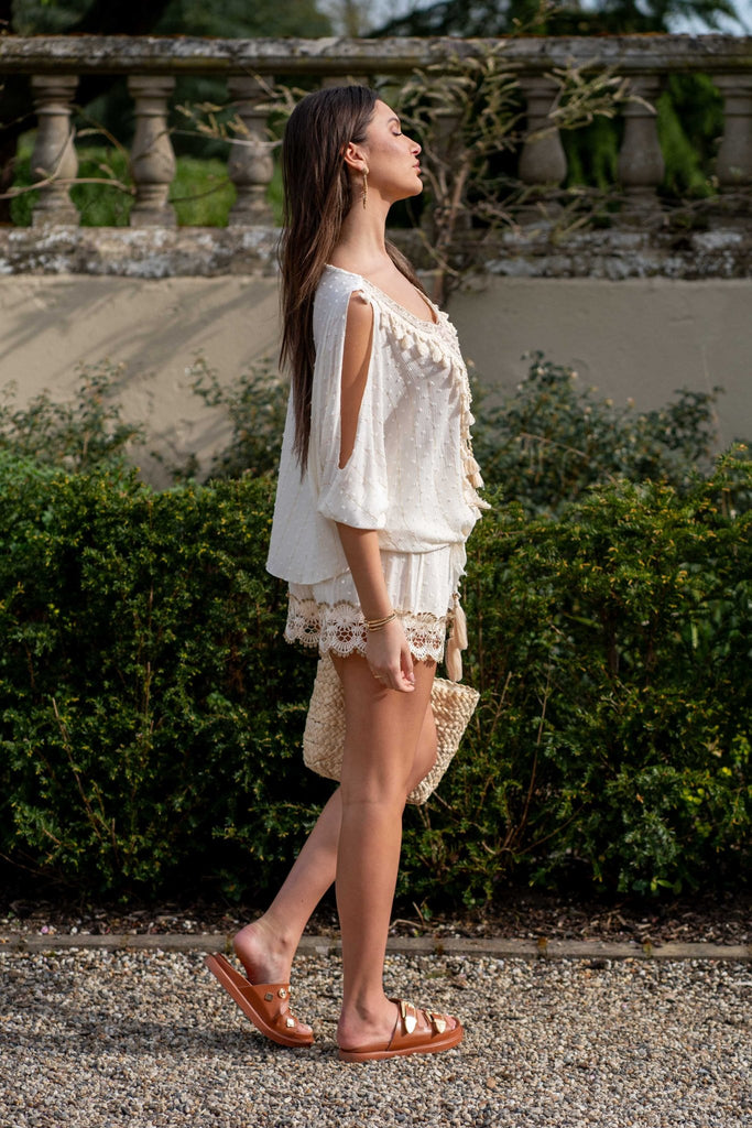 Beige Boho Gold Embroidery Shorts - H&L