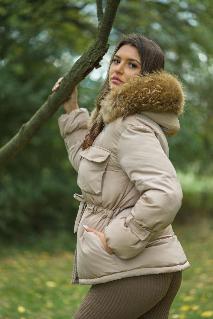 Beige Drawstring Luxury Fur Padded Belted Coat - H&L