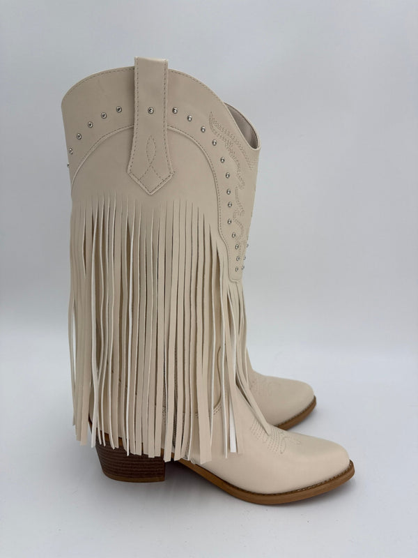 Beige Fringe Faux Leather Cowboy Boots - H&L