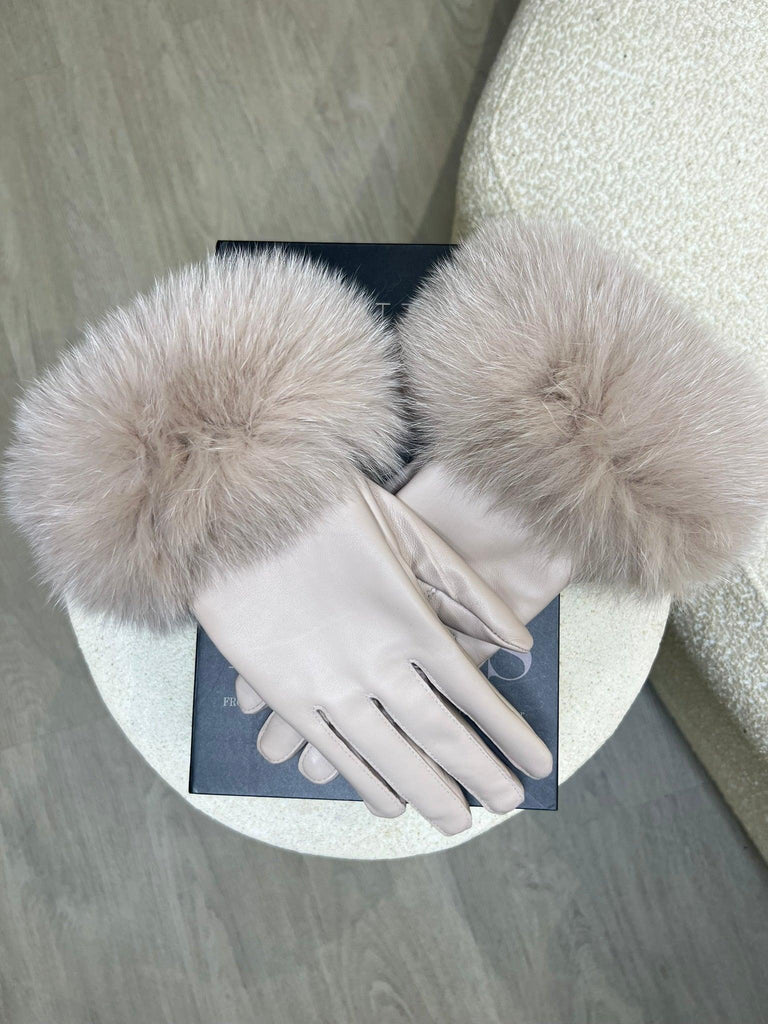 Beige Luxury Fur Leather Gloves - H&L