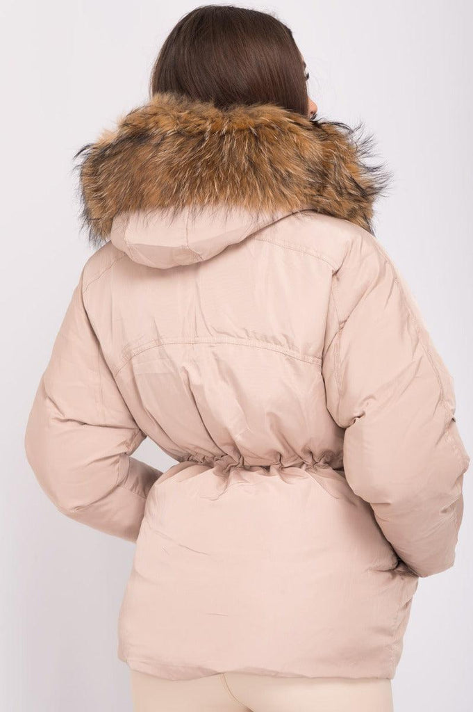Beige Luxury Fur Padded Stopper Drawstring Coat - H&L