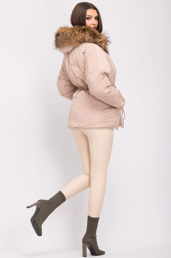 Beige Luxury Fur Padded Stopper Drawstring Coat - H&L