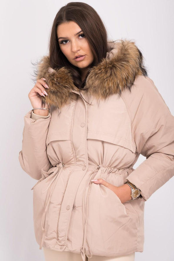 Beige Luxury Fur Padded Stopper Drawstring Coat - H&L