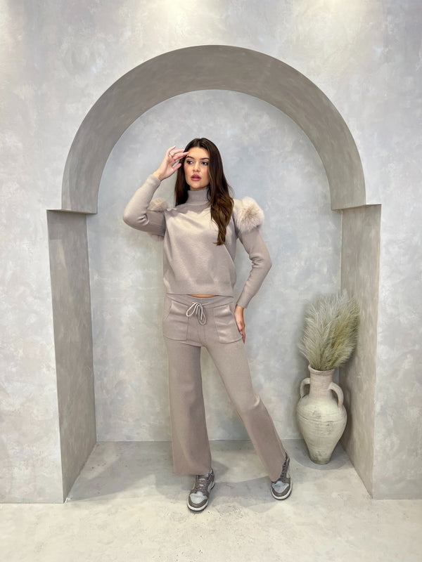 Beige Luxury Fur Roll Neck Wide Leg Tracksuit - H&L