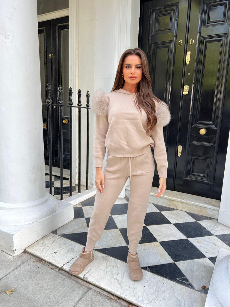 Beige Premium Faux Fur Jogger Tracksuit - H&L