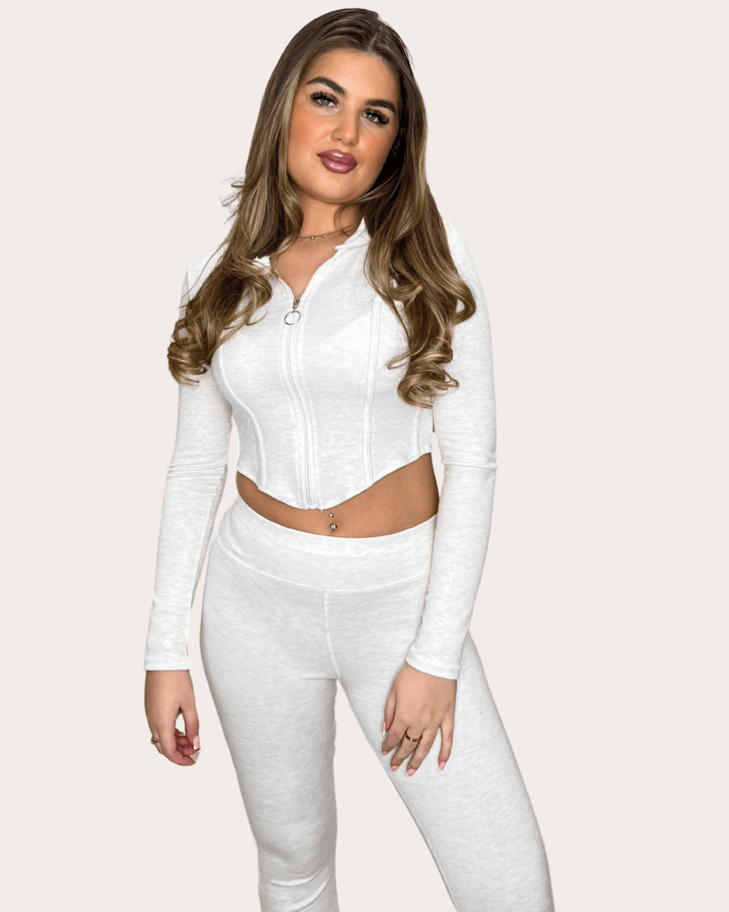 Beige Zipped Hooded Jacket And Wide Leg Trouser Set - H&L