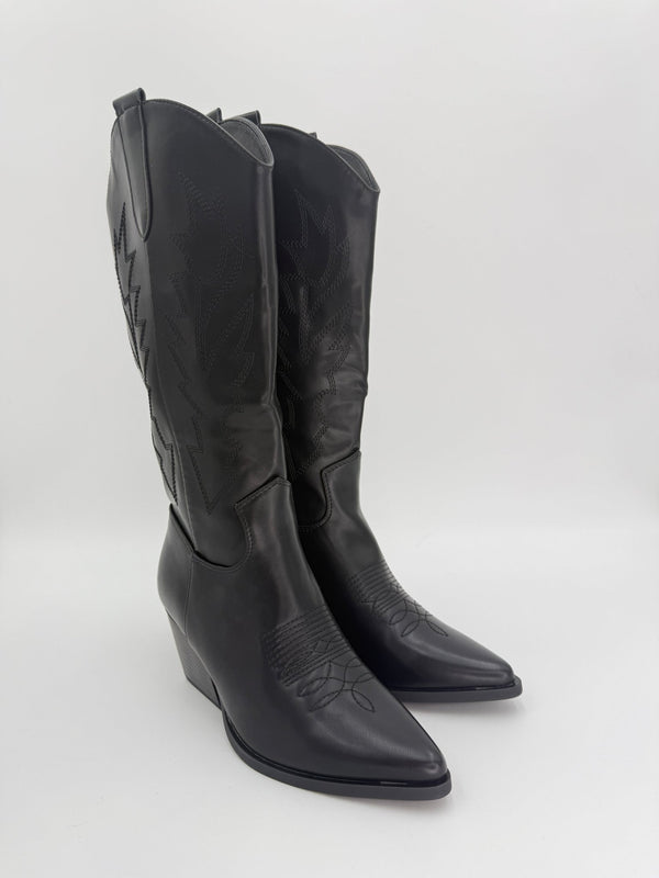 Black Faux Leather Embroidered Cowboy Boots - H&L